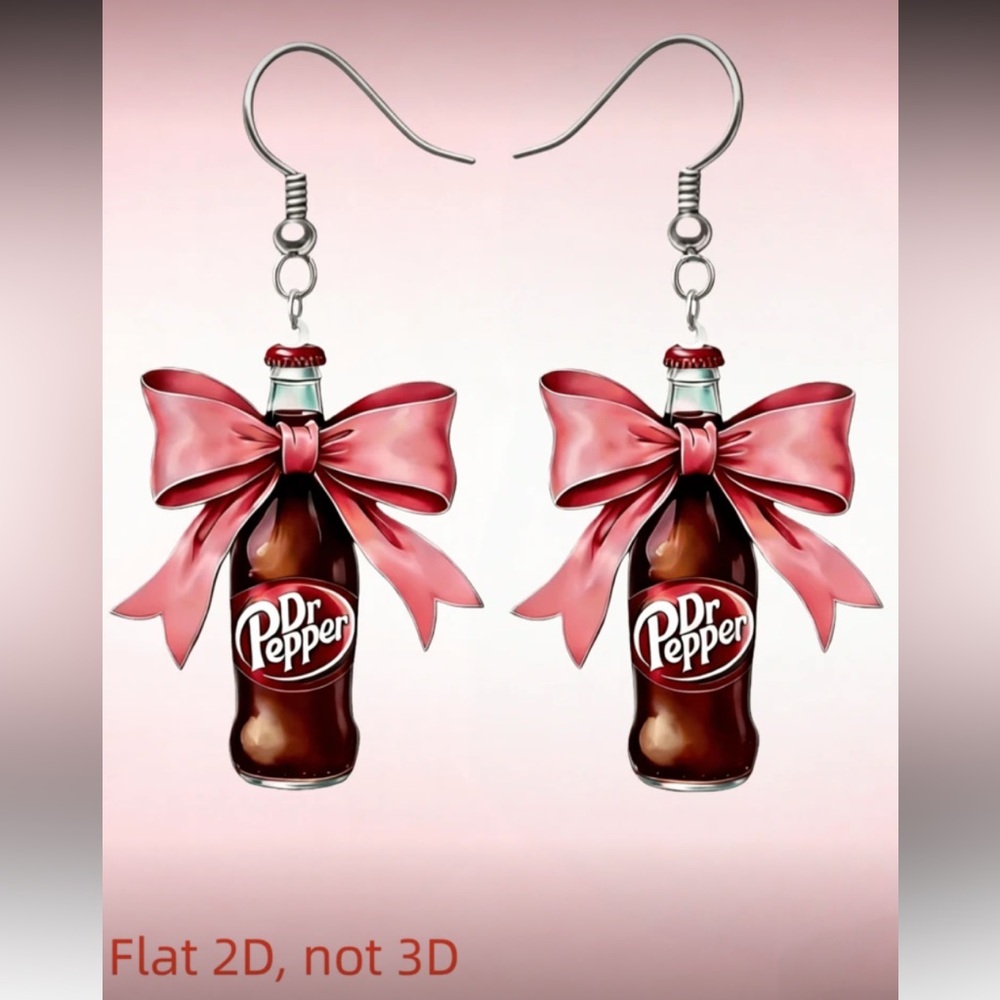 Earrings- 2D Dr Pepper Bottle Pendant Earrings, Bow design, dangler NWT Tray 159